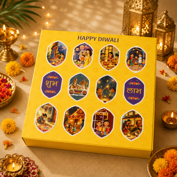 Customized Corporate Hampers Delhi featuring The Bandhanwar festive hamper with Pepper Caramel Almond, Habanero Cashew, Masala Cranberry, Laxmiji Ganeshji Frame, Rangoli Bottles, Pearl Candles and Marigold Flowers. Ideal for Diwali gifting, employees, clients, business partners and bulk orders.